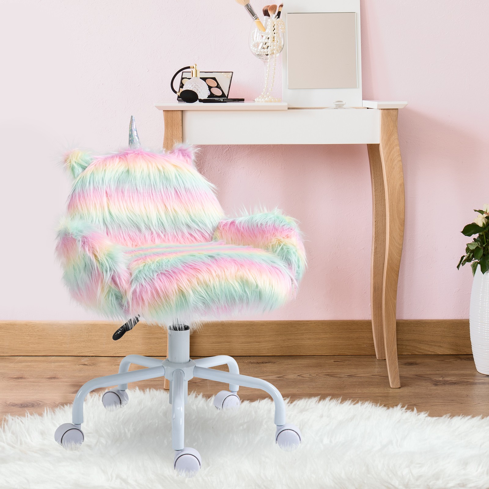 Faux Fur Unicorn Accent Study Chair w/ Soft Cushioned Seat & Padded Armrest