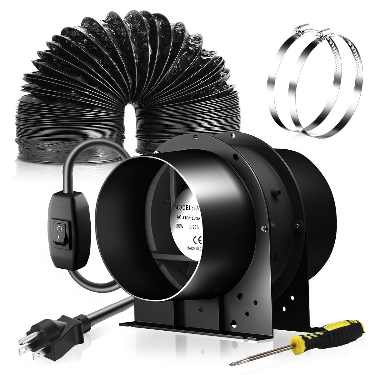 197CFM 6-Inch Axial Exhaust Duct Fan w/On-Off Switch, Duct Fan , 6" x 6.5ft D...