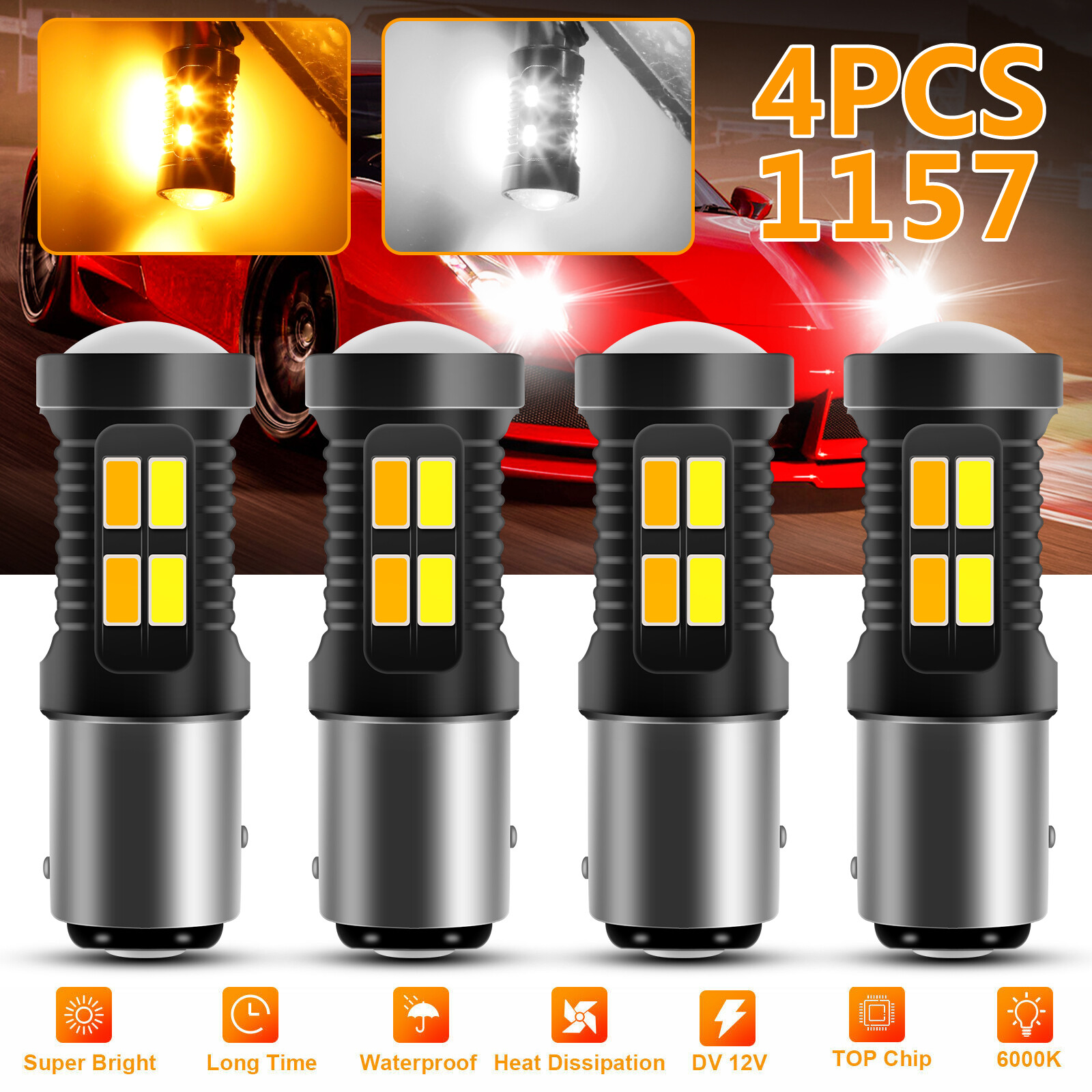 4X Dual Color White/Amber 1157 LED DRL Switchback Turn Signal Parking Light Bulb