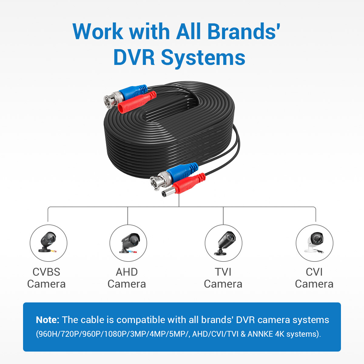 ANNKE 4x 100ft Video Power BNC Cable for CCTV Security Camera System Extend Wire