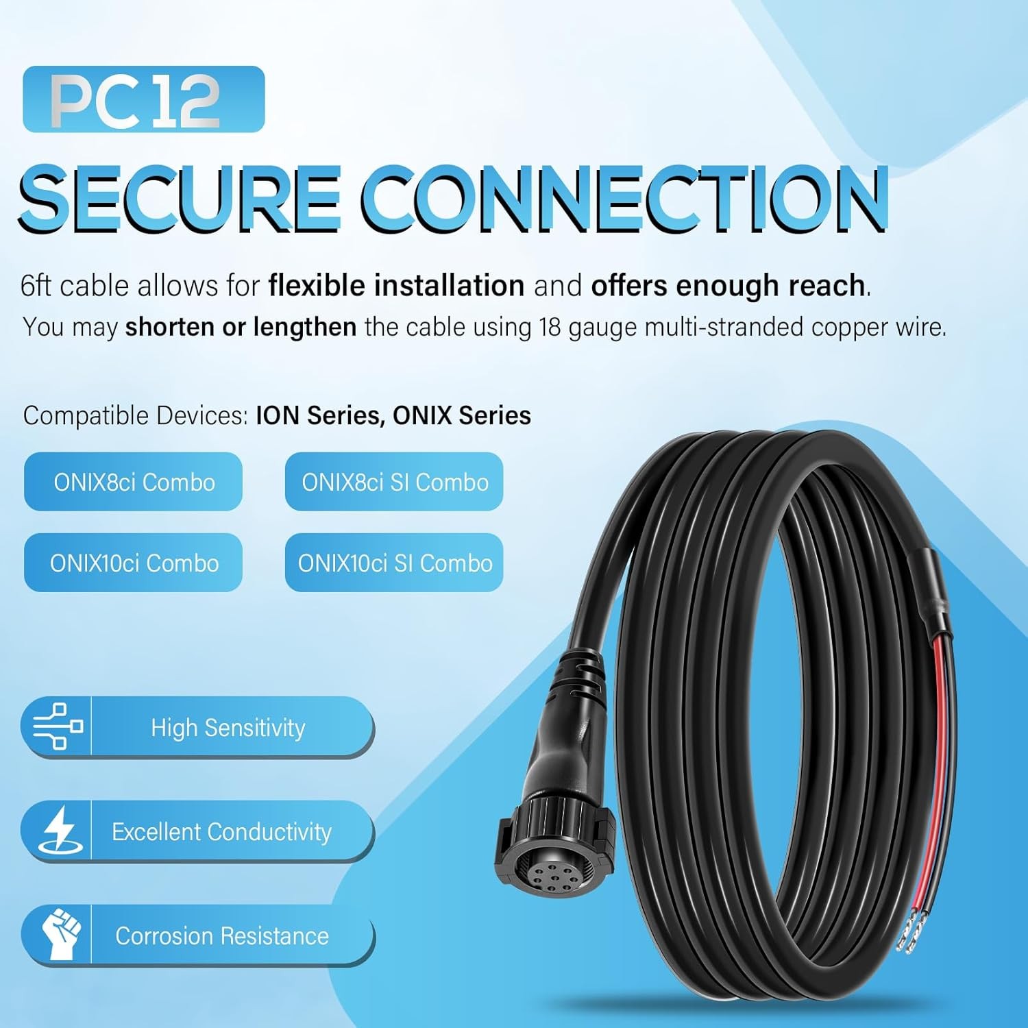 720085-1 Power Cable Replacement for Humminbird Fishfinder PC12 Power Cord, 6 Ft
