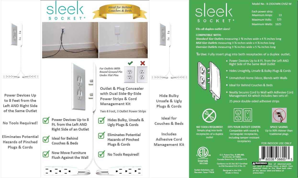 Sleek Socket Original and Patented Flat Ultra-Thin Outlet Concealer 8ft Dual