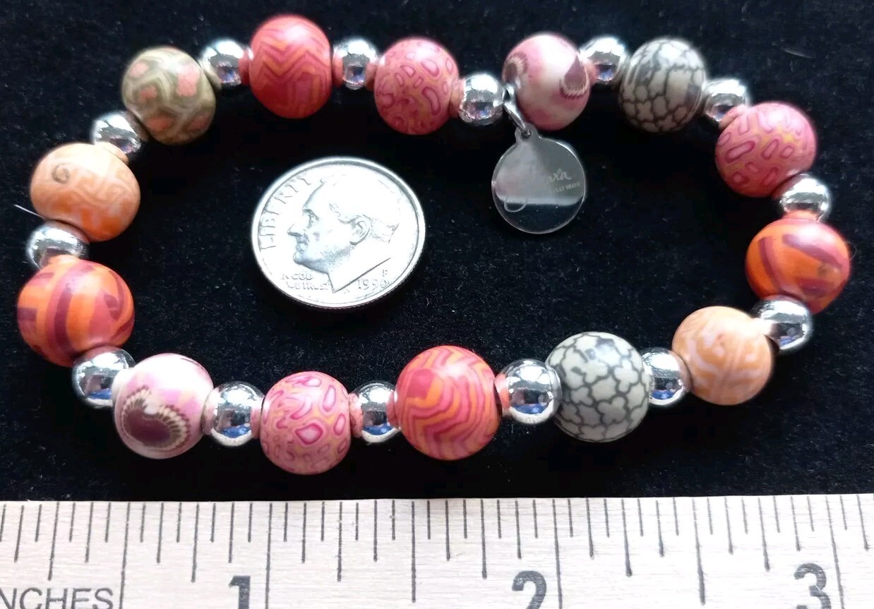 JILZARA 14 CLAY 14 SILVERTONE BEAD ORANGE TAN ROSE BRACELET STRETCH 6"-8" SIGNED