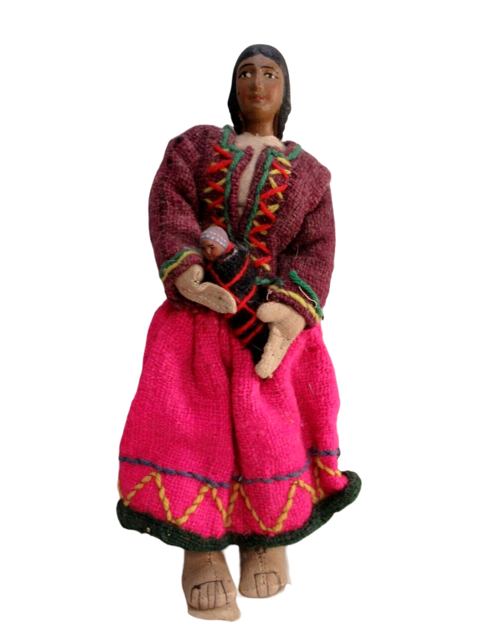 Vintage South American Peruvian Doll Figure Folk Art Mom baby handmade Pink skir