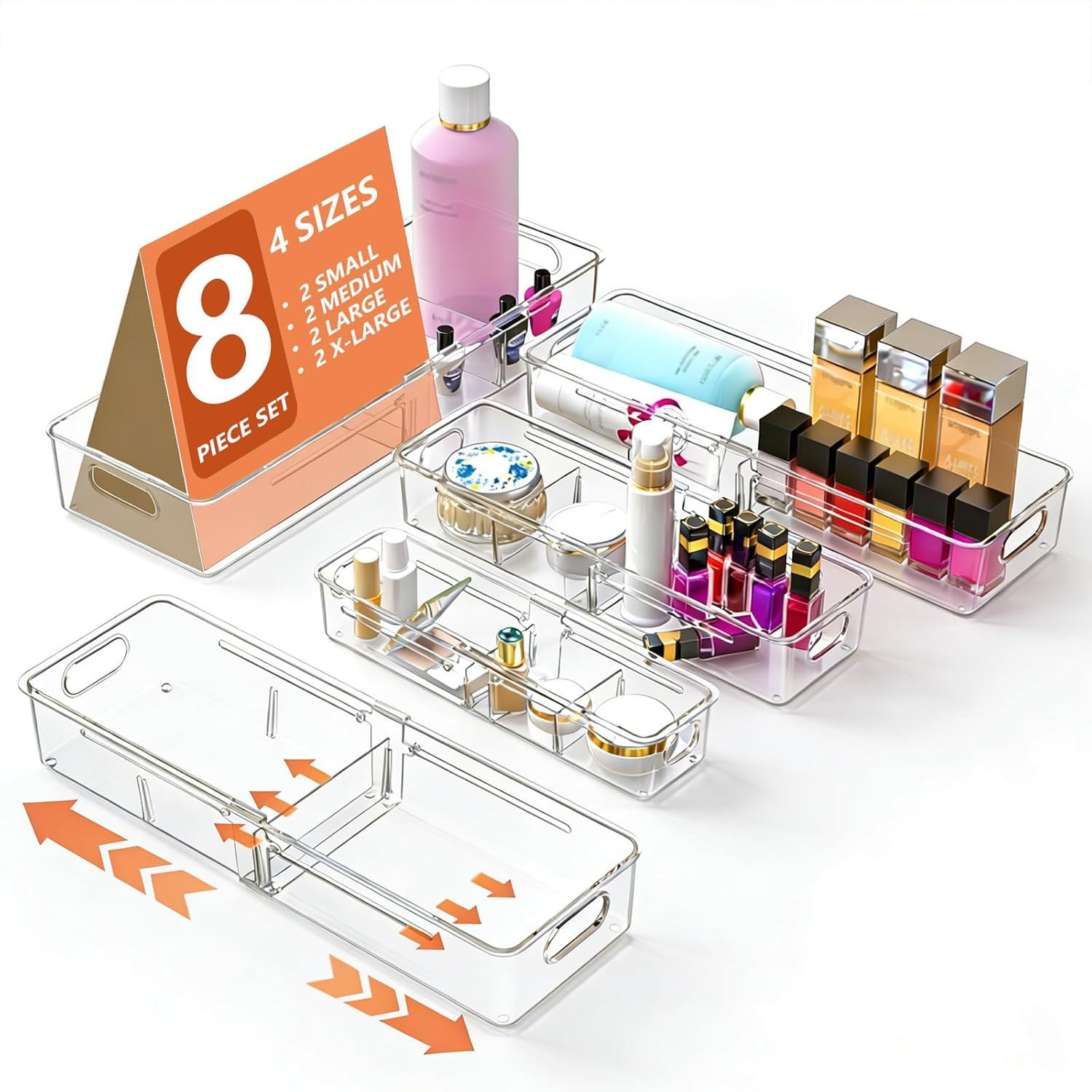 8 Pcs Expandable Clear Drawer Organizers, Adjustable Drawer Organizer Bins with