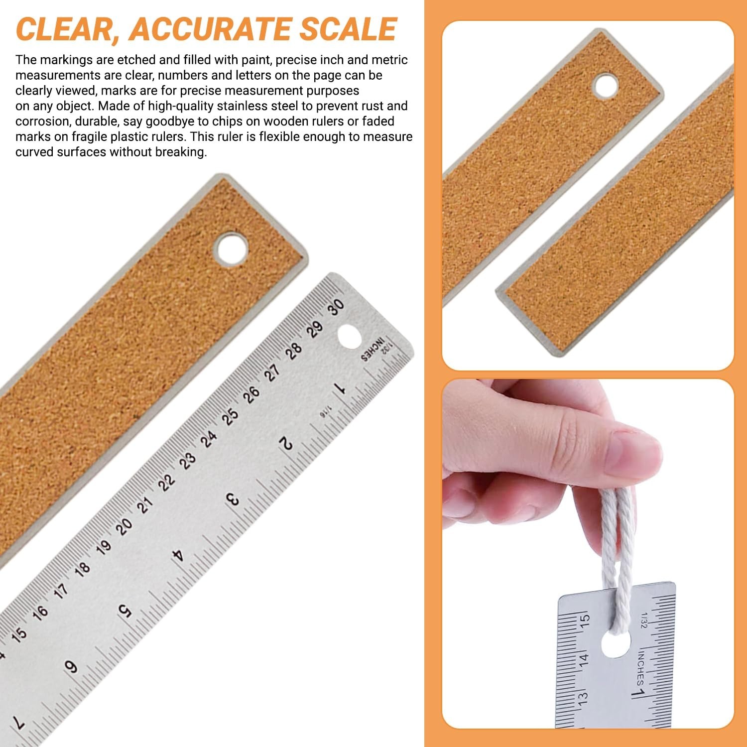 Stainless Steel Metal Ruler with Non-Slip Cork Back for Home Improvement, Planne