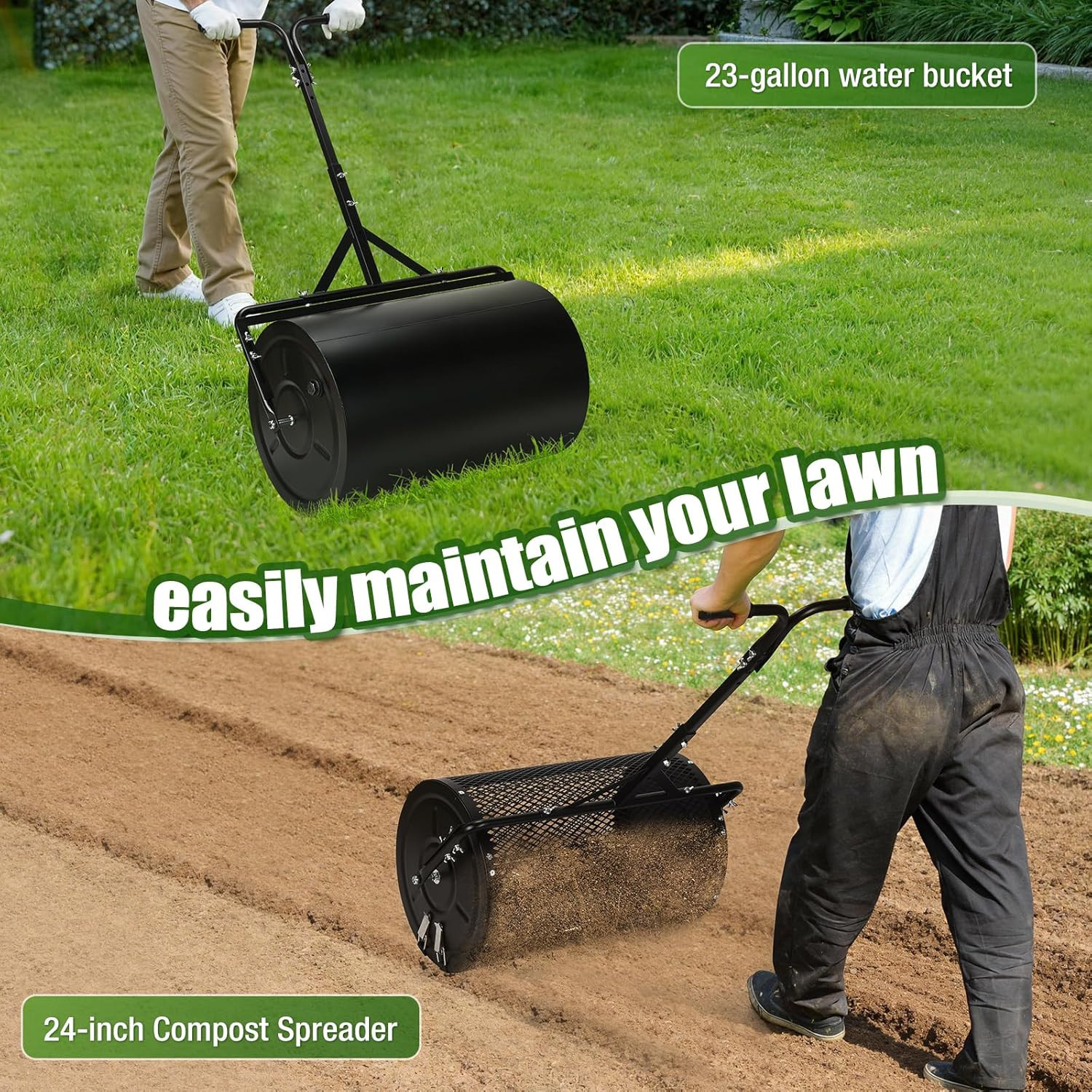 24 Inch Compost Spreader & Lawn Roller, Featuring One Mesh Roller and One 23 Gal