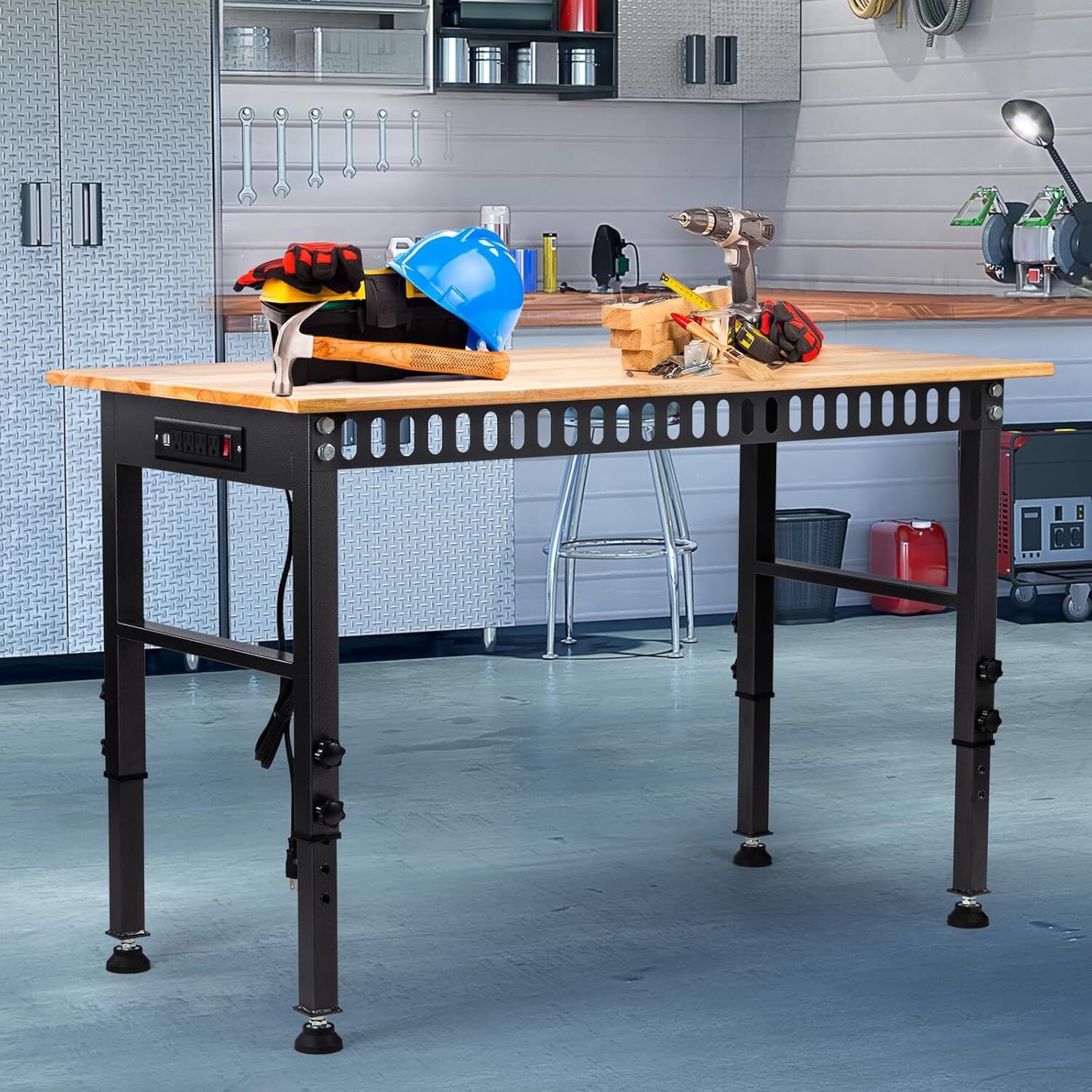 48" Adjustable Workbench, 2000LBS Capacity, Rubber Wood Top, Power Outlet