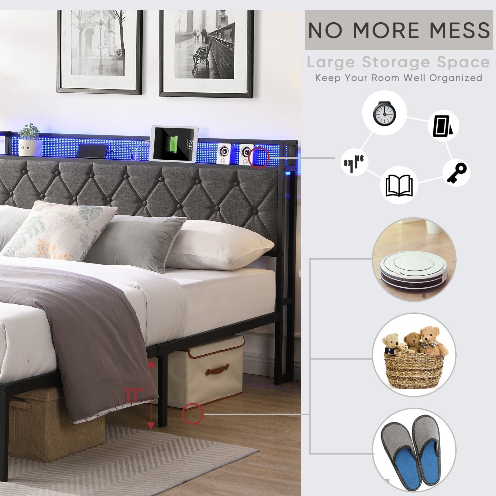 Full Size Bed Frame w/ LED Headboard, Storage & Platform, Outlet, USB Ports