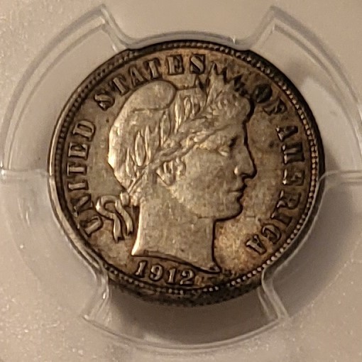 1912 Barber Dime AU55 PCGS Toned