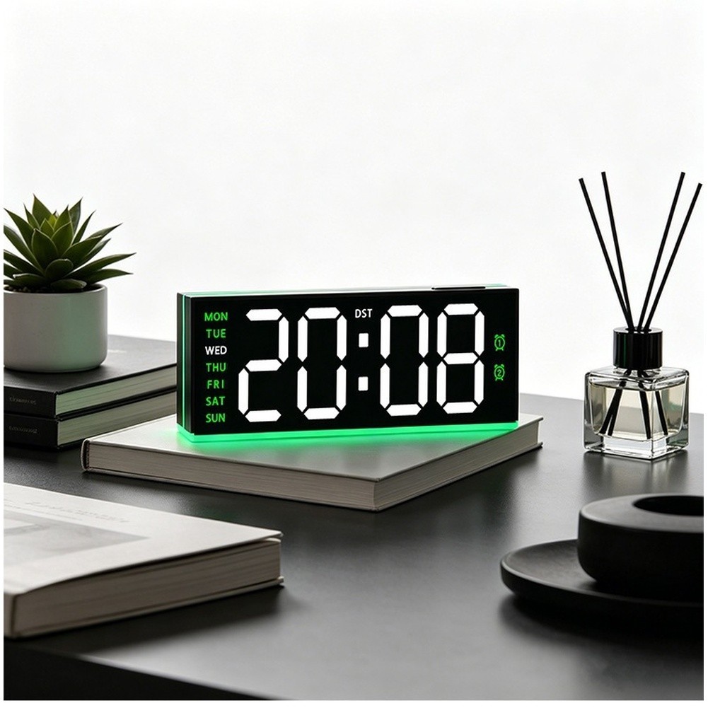 Large LED Digital Alarm Clock with Colorful Ambient Light Calendar Thermometer