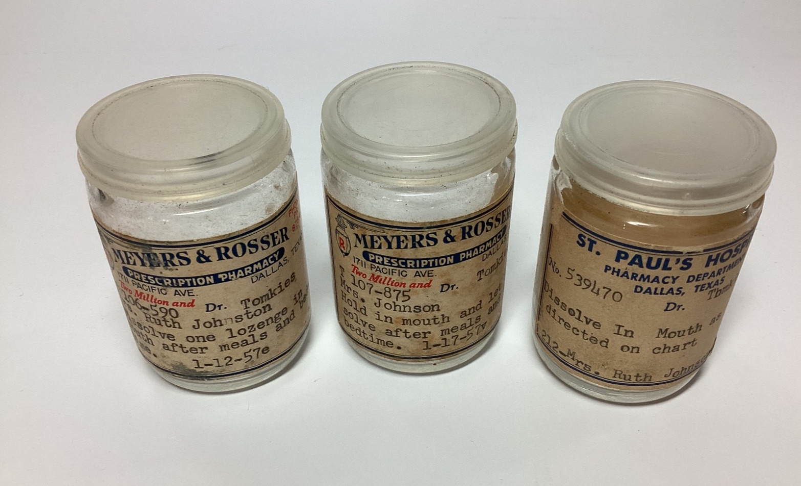 3 Vintage Prescription Bottles from 1957 Meyer’s & Rosser Pharmacy St Paul Hosp