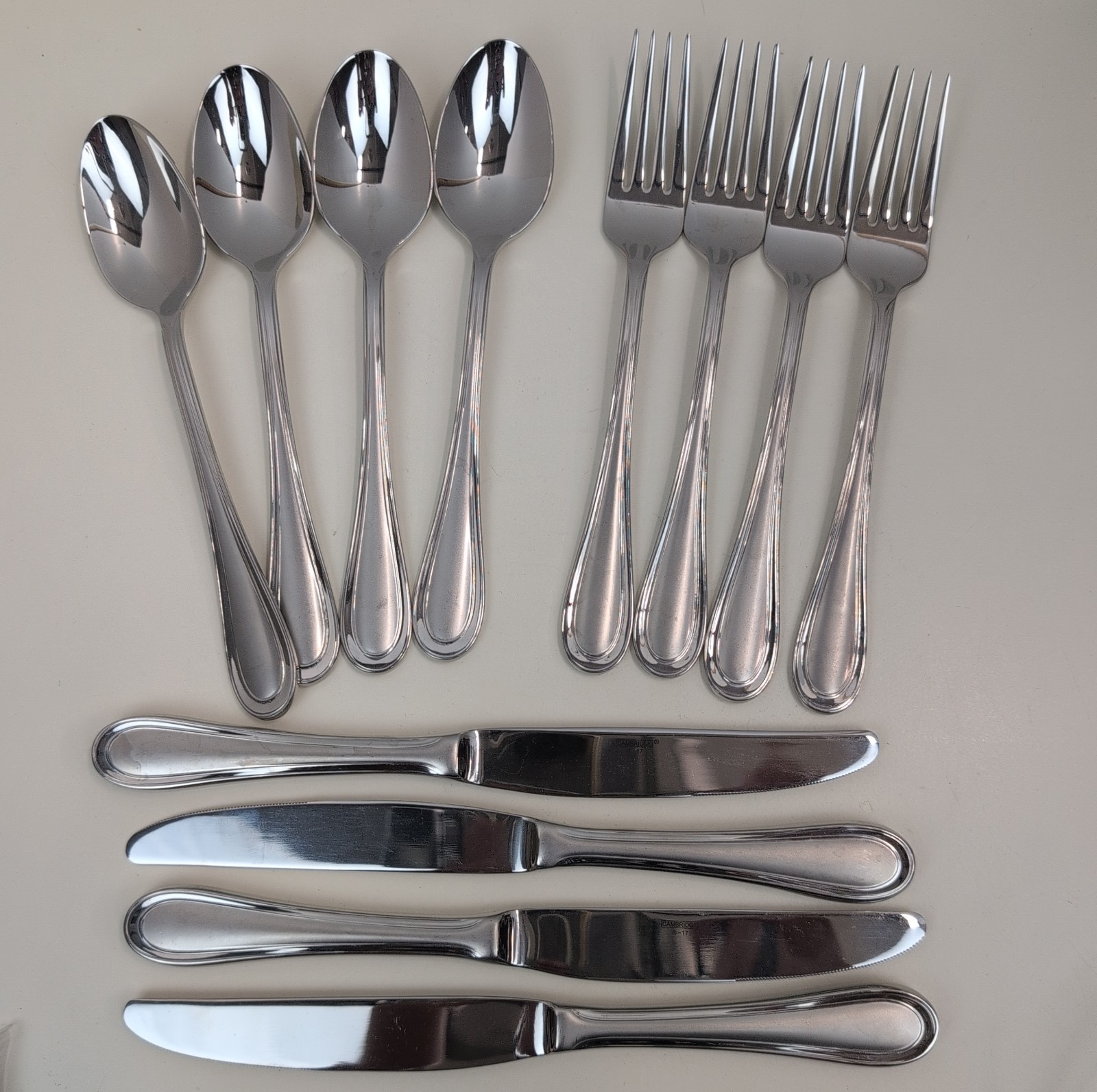 Cambridge Cordial Stainless Flatware 12 Pc Set 4 Knives Forks Spoons Glossy