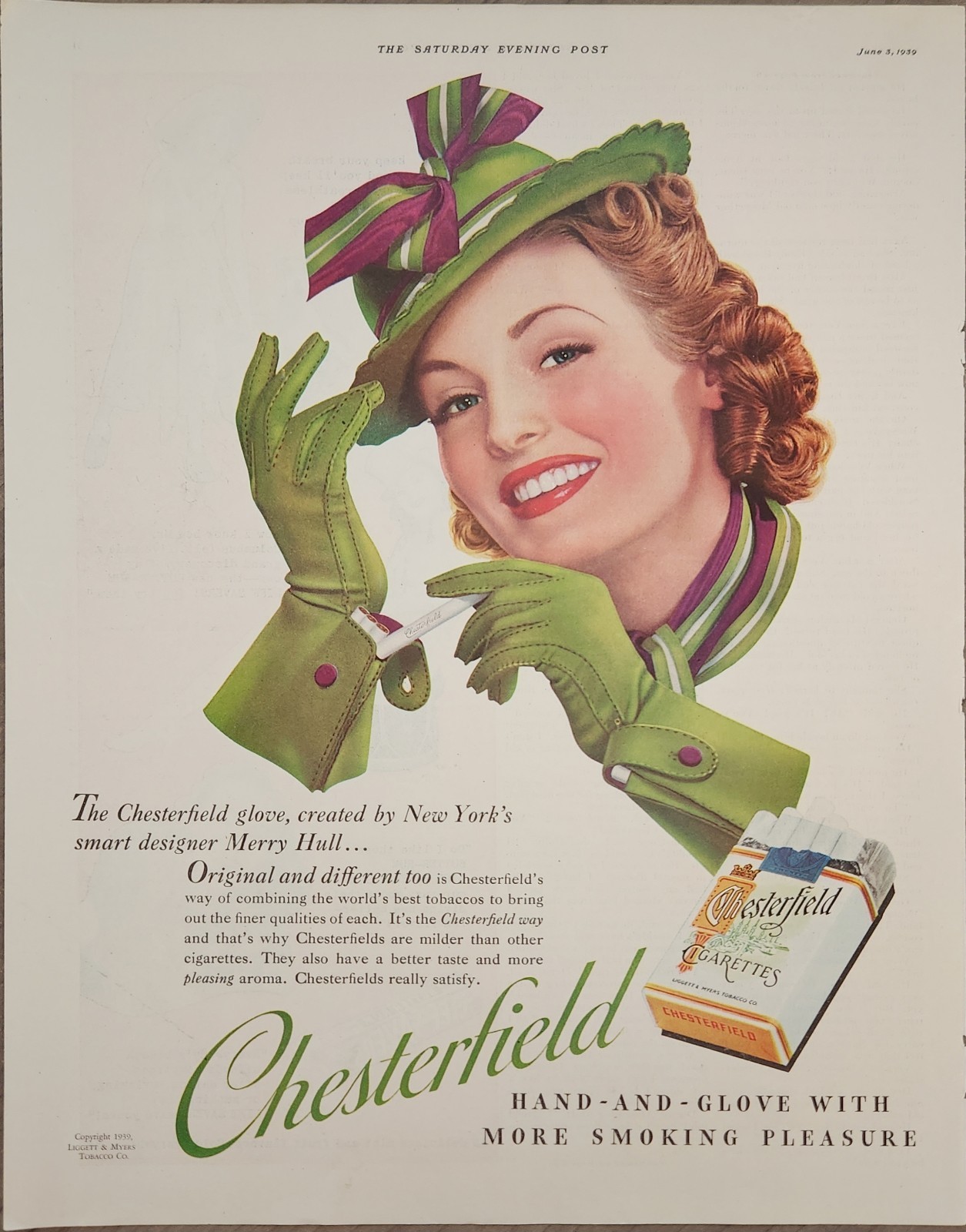 1939 Chesterfield Cigarettes Vintage Ad Glove by New Yorks Designer Merry Hull