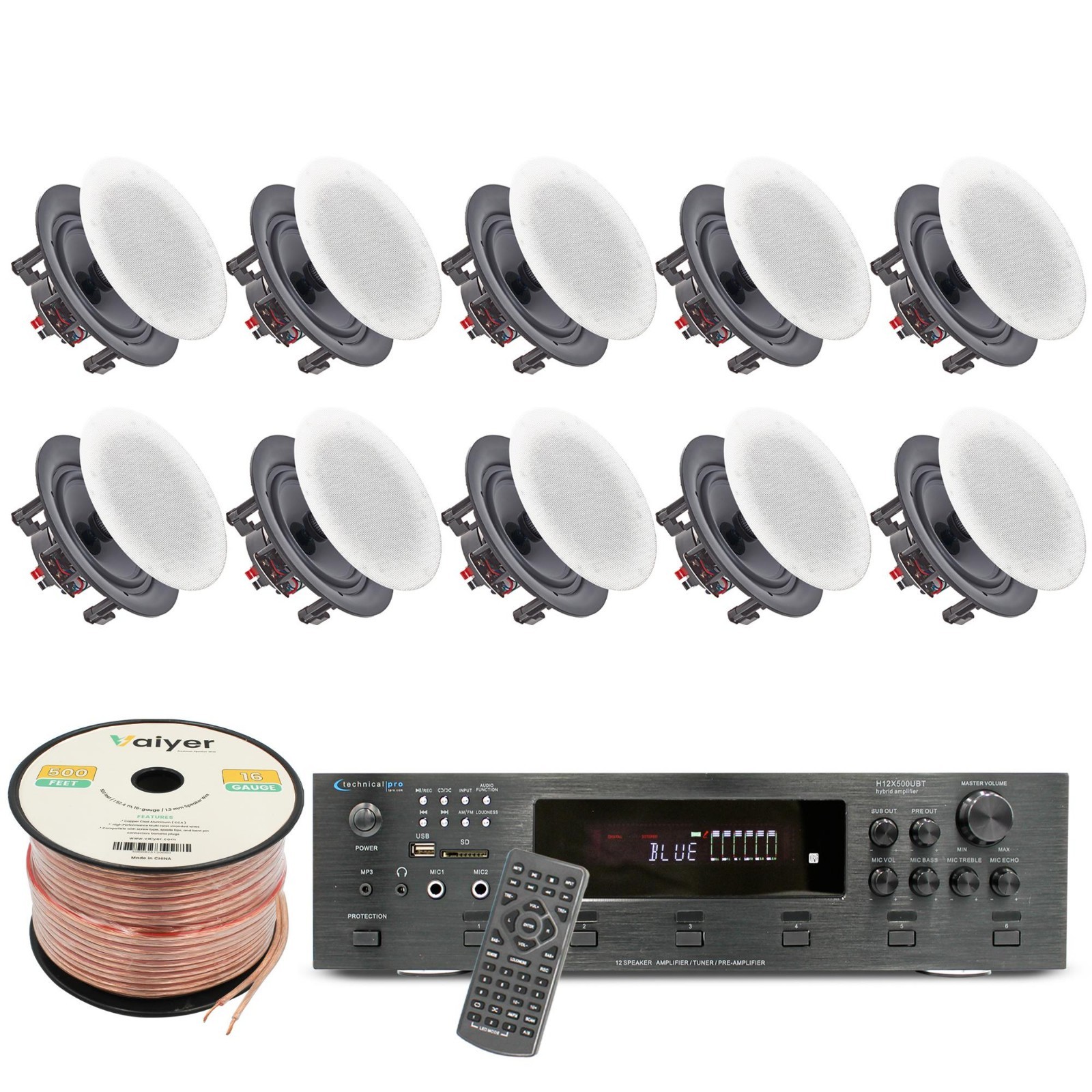 Bluetooth Speaker Amplifier 6 CH 6K W with 5.25" 10 QTY of 175 W Ceiling Speaker