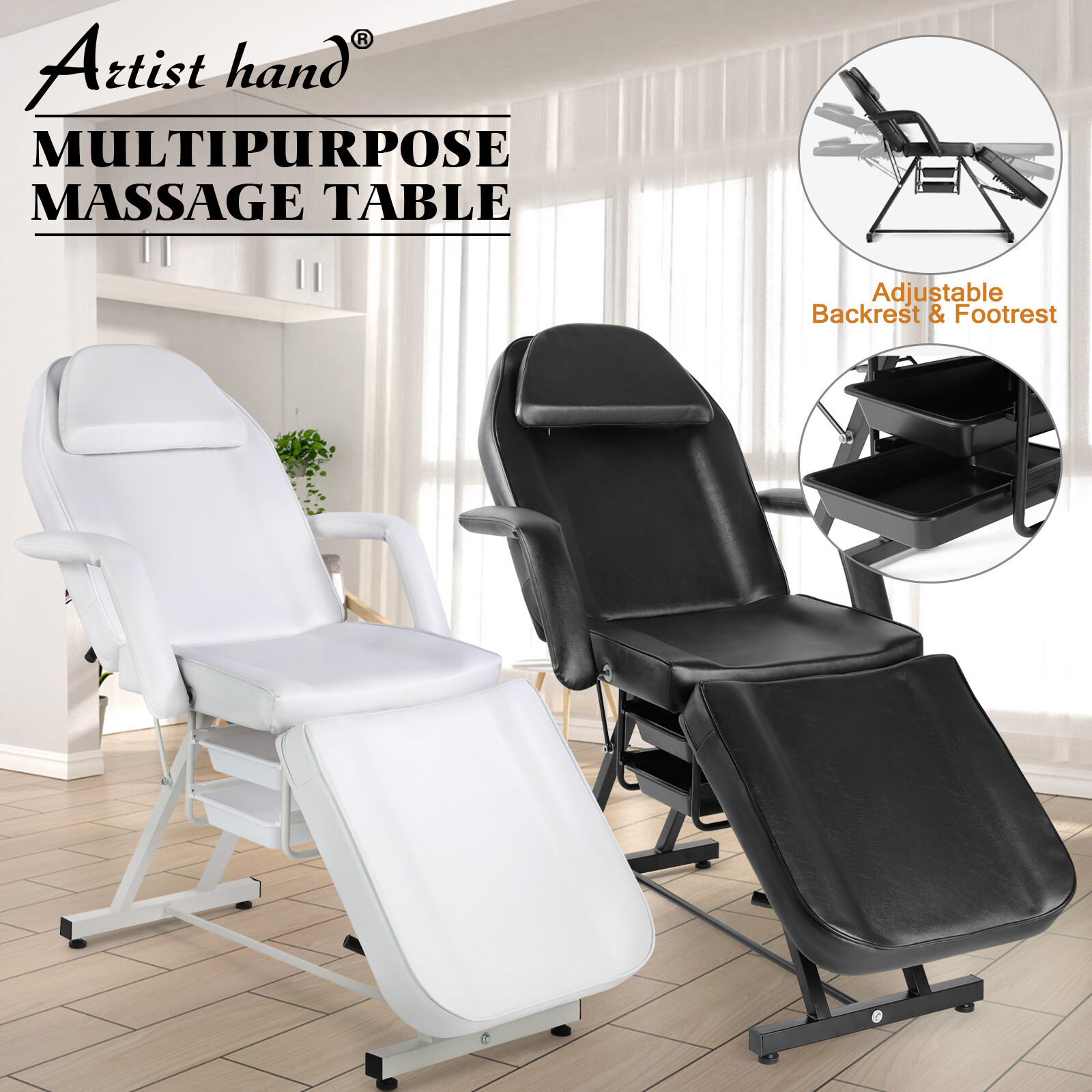 Artist hand White/Black Massage Table Facial Bed Tattoo Salon Spa w/ Storage Box