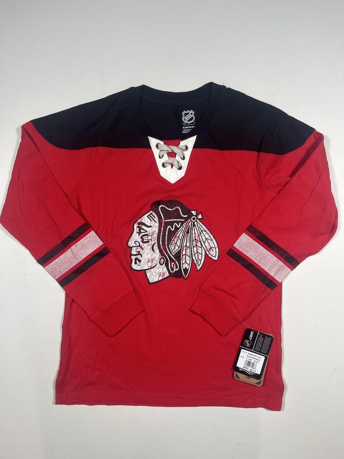New Chicago Blackhawks Shirt Boys XL 18/20 Red Long Sleeve NHL Hockey Lace Up