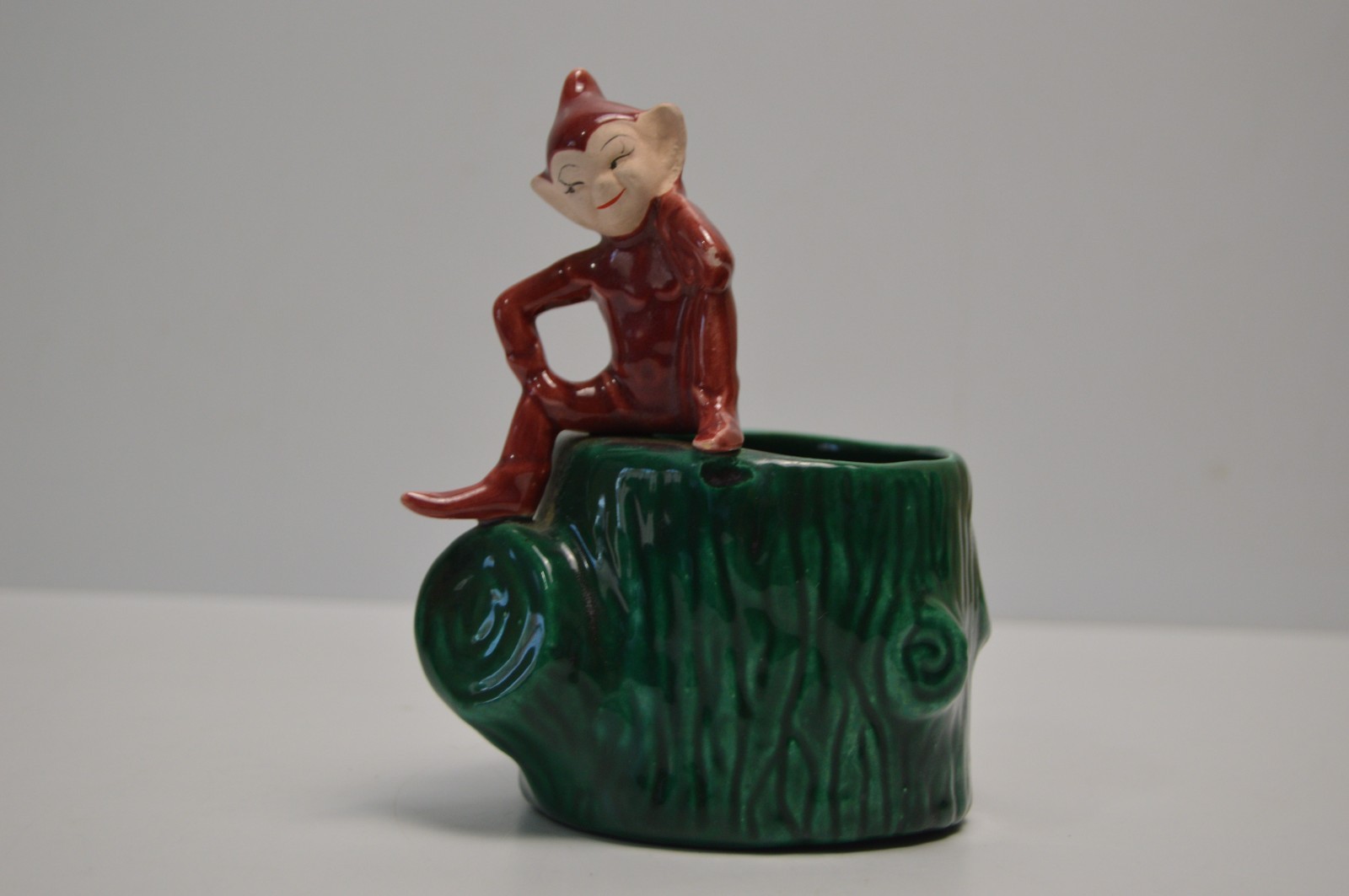 Vintage Pixie Elf Sitting on a Stump Planter MCM Pottery Ceramic Fairy Garden