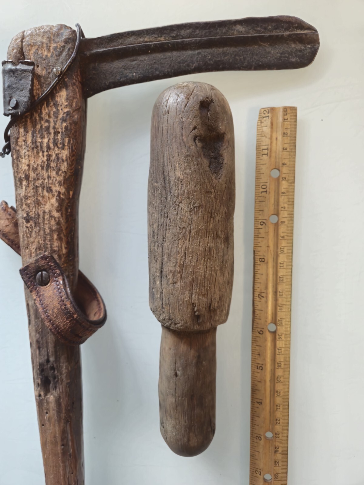 Antique Primitive Wooden Mallet And Sickle Unknown Origin.