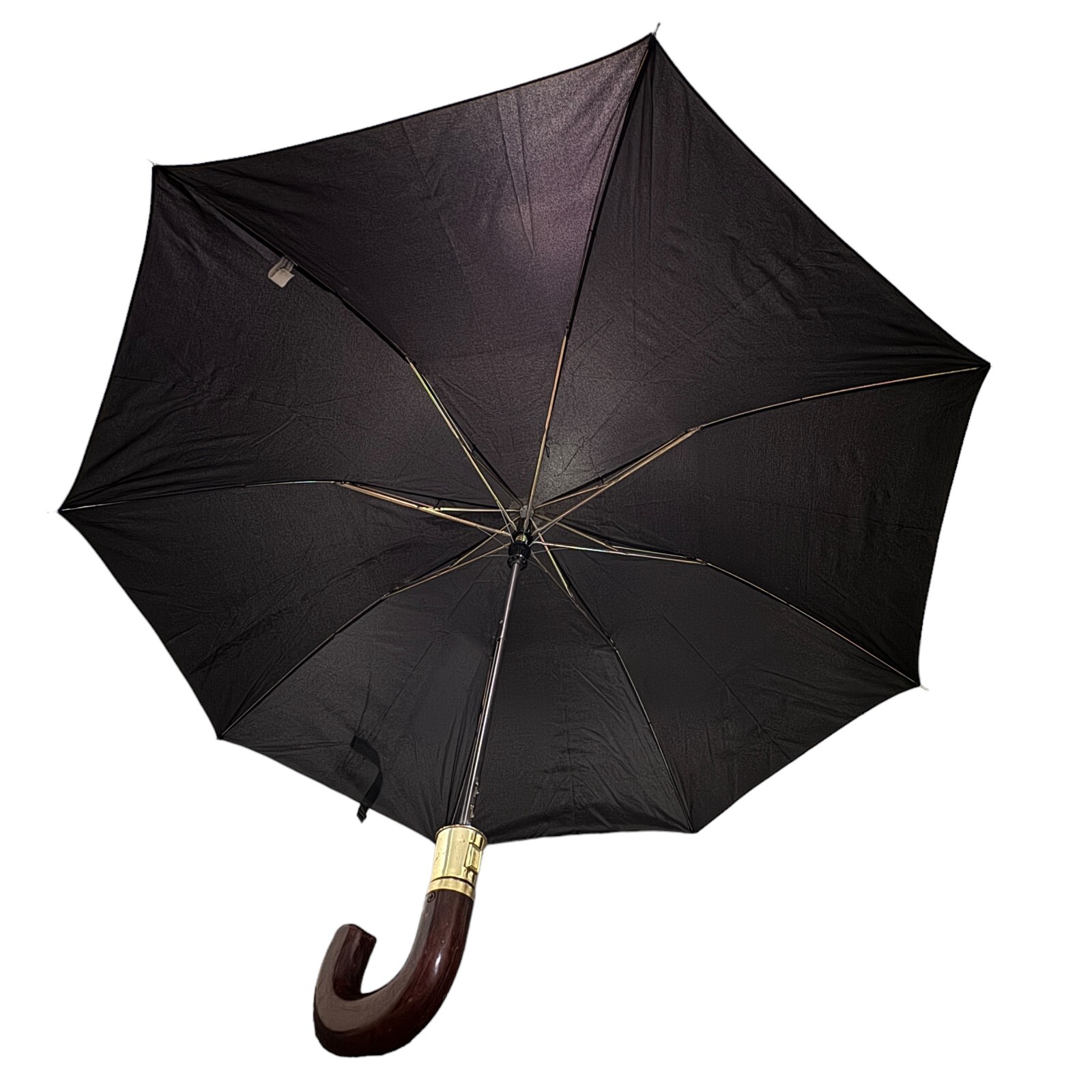 Auto Open Sub Compact Umbrella Black Wood-style Handle Nylon Gold Colour Trim