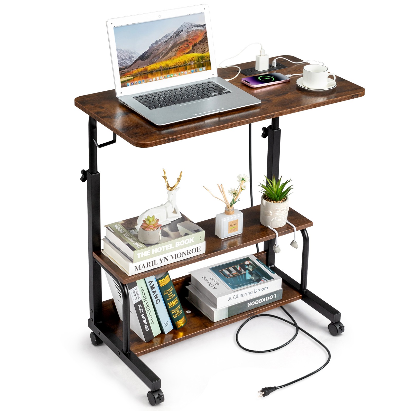 Vintage Brown Adjustable Computer Desk,3 USB + 2 AC Outlets,80‑104 cm Height