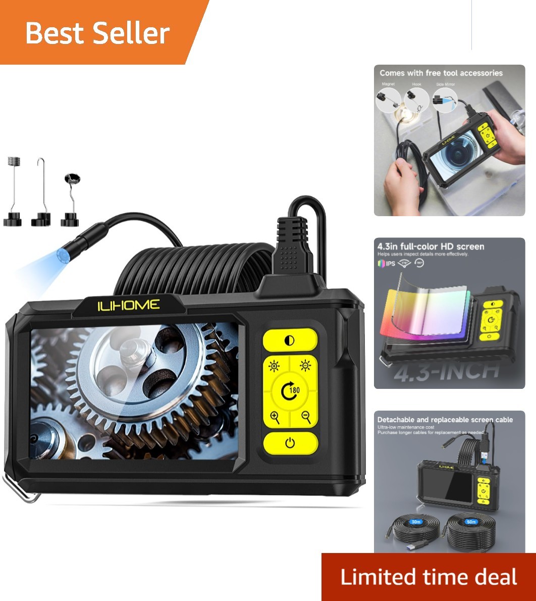 1080P HD Borescope Camera with 4.3-Inch Screen & 8 LEDs – Waterproof Inspecti...