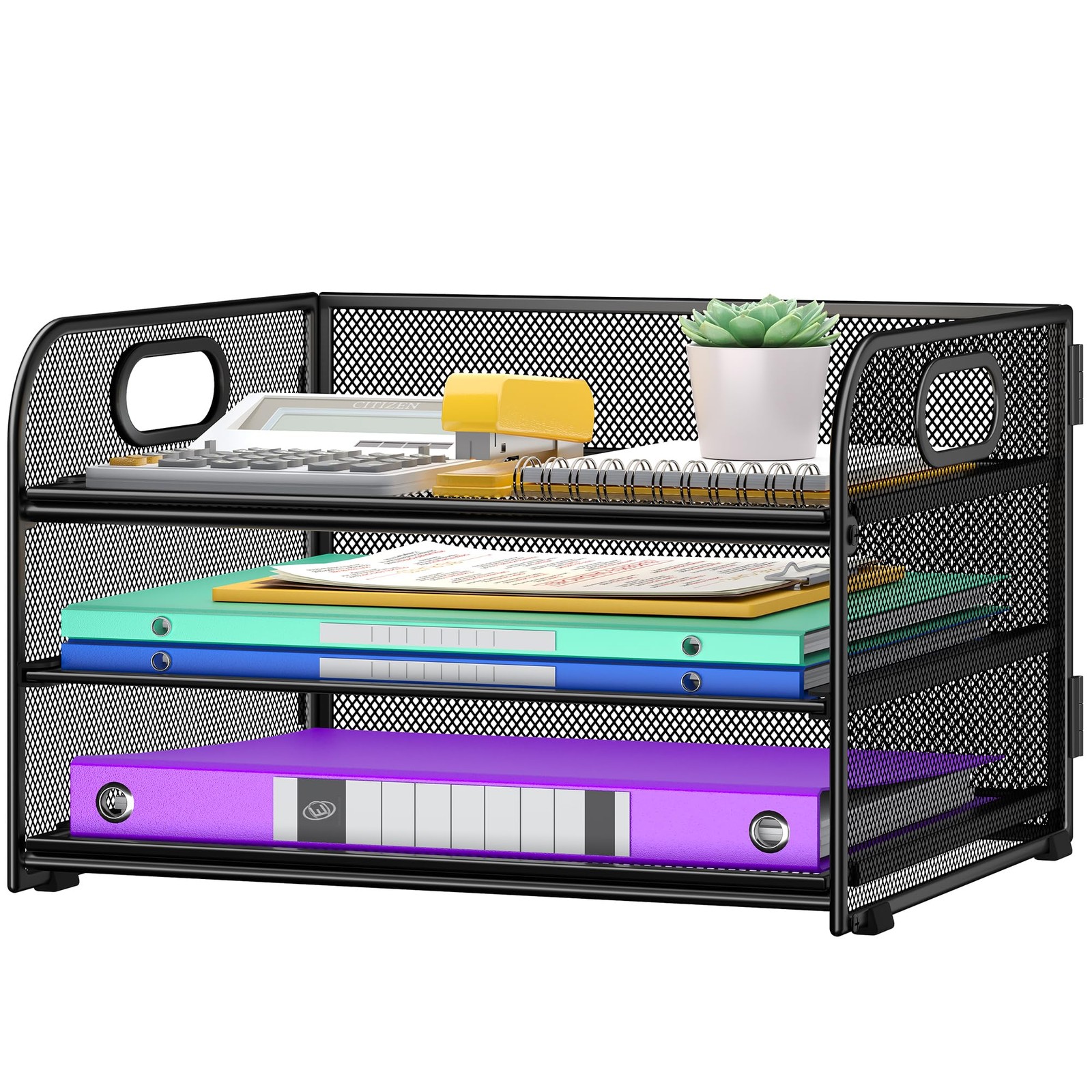 3 Tier Organizer with Handle, Metal Desk Organizer Mesh Letter Tray Desktop F...