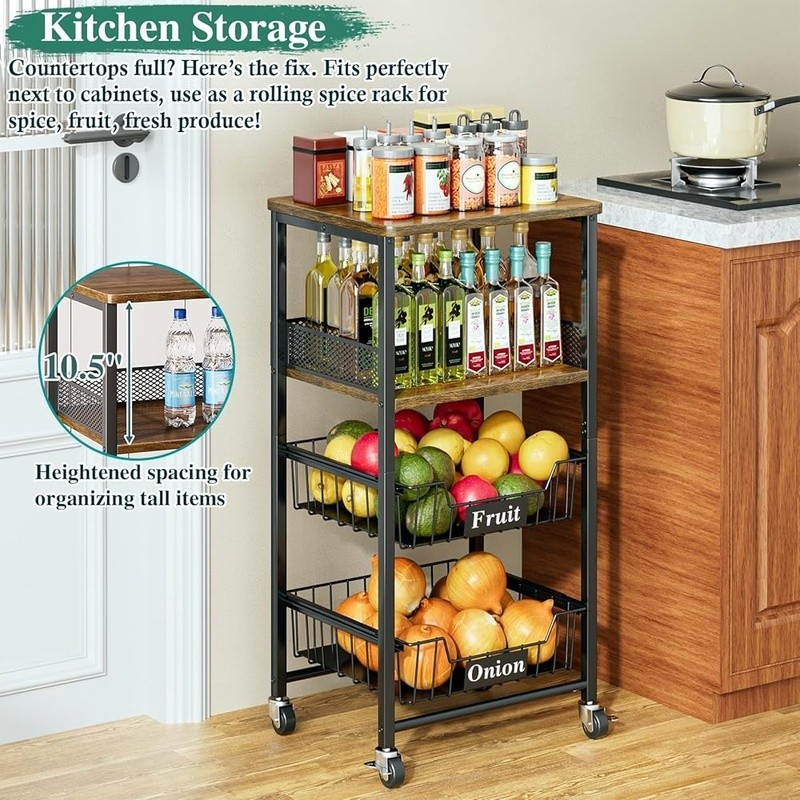 Rolling Kitchen Cart W/ Pull-Out Baskets Snack Organizer Fruit Storage New