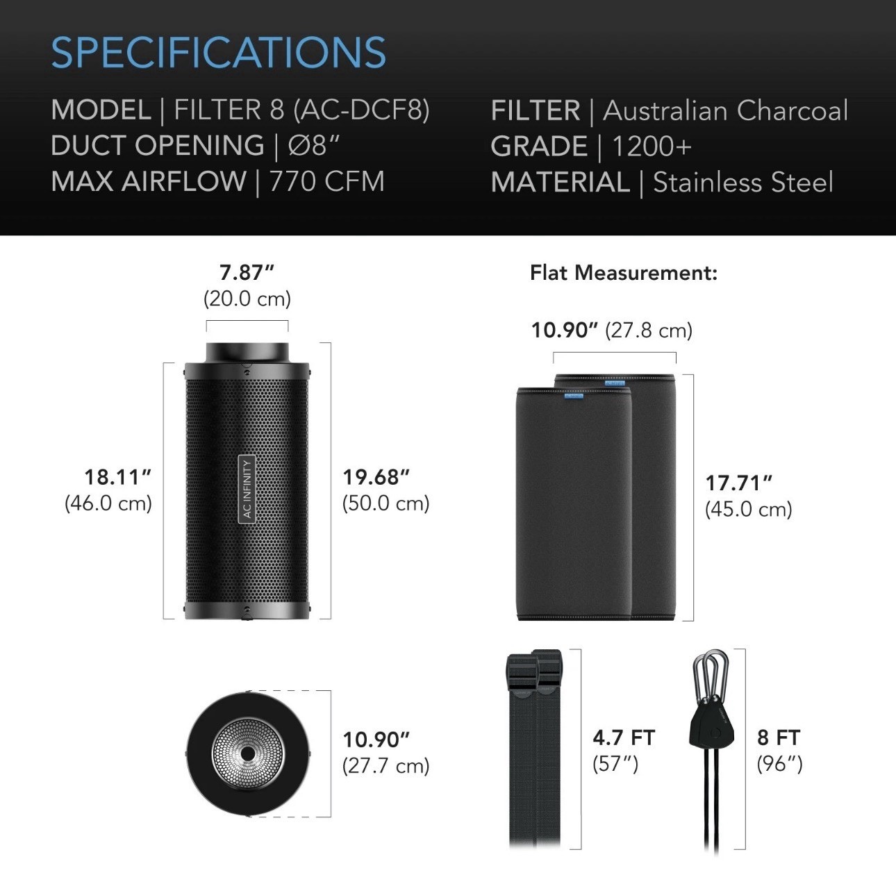 Air Carbon Filter 8", Australian Charcoal, Odor Control, Hydroponics, Grow Rooms