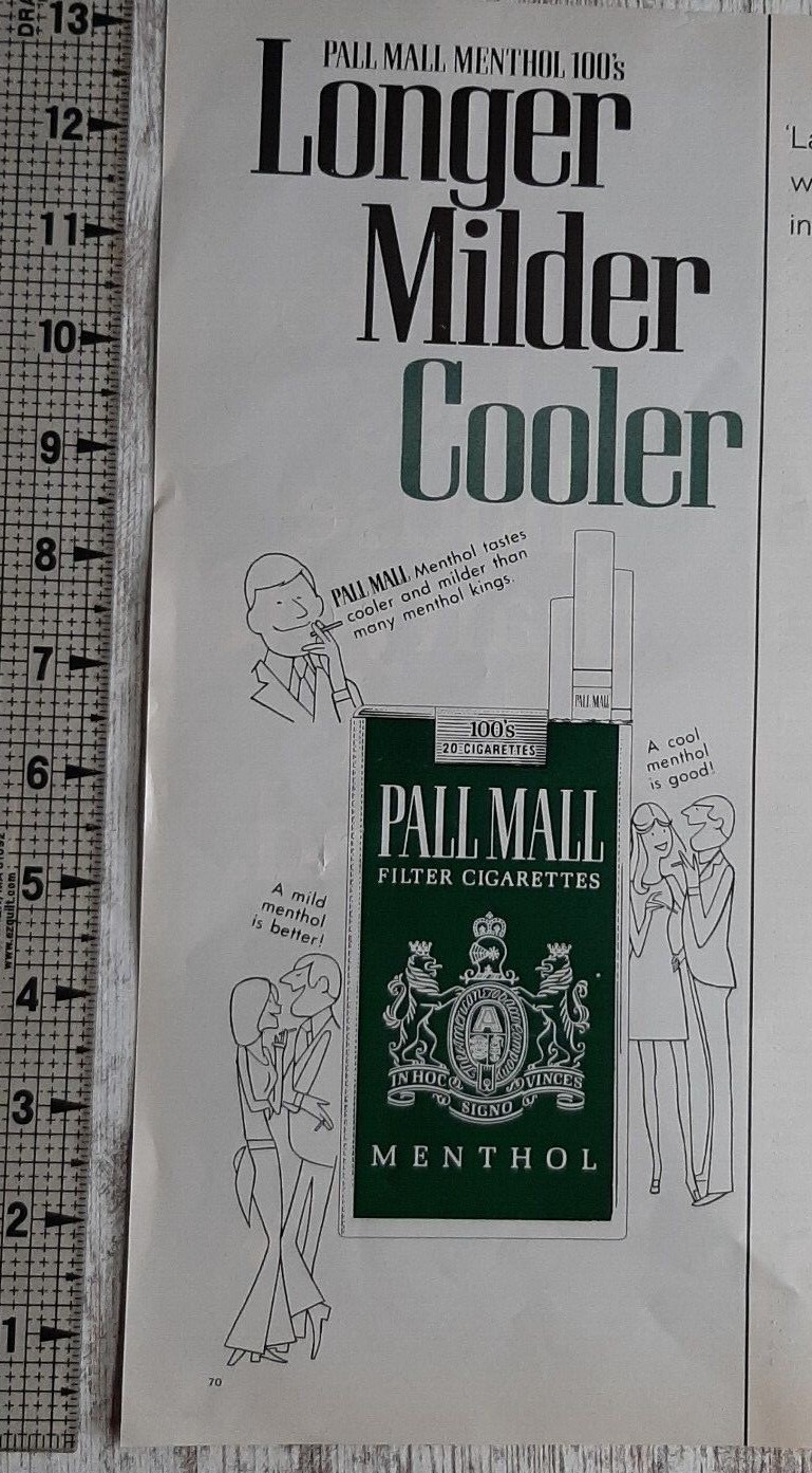 1970 Pall Mall Vintage Print Ad Menthol Cigarettes Green Mild Smooth Tobacco