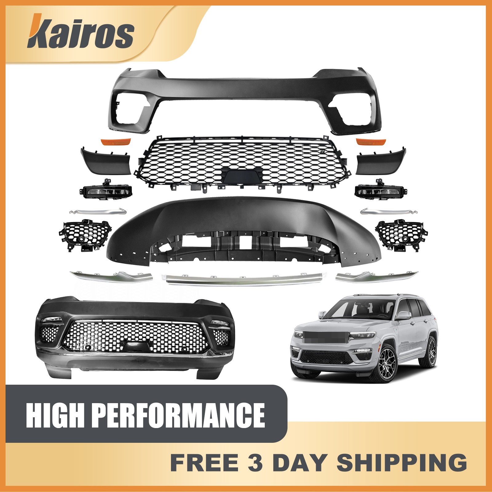 For 2022 2023 2024 Jeep Grand Cherokee Front Bumper Cover Kit with Fog Lamp