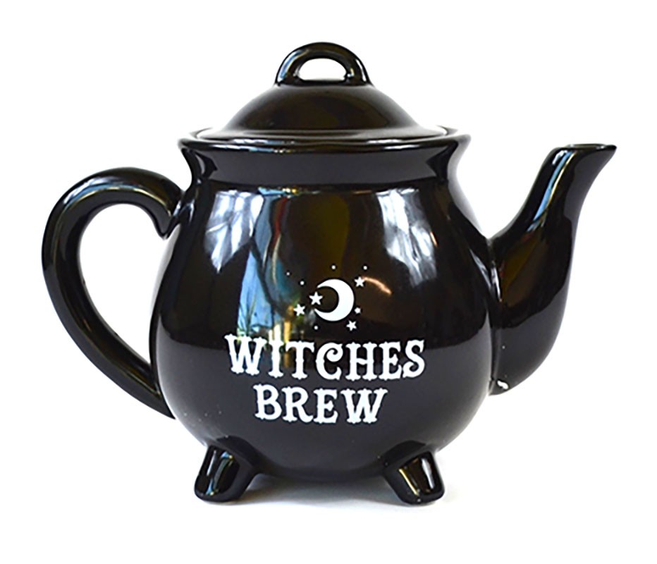 Witches Brew Cauldron Teapot 5.5" Black Ceramic Witchy Kitchen Tea Decor Gift