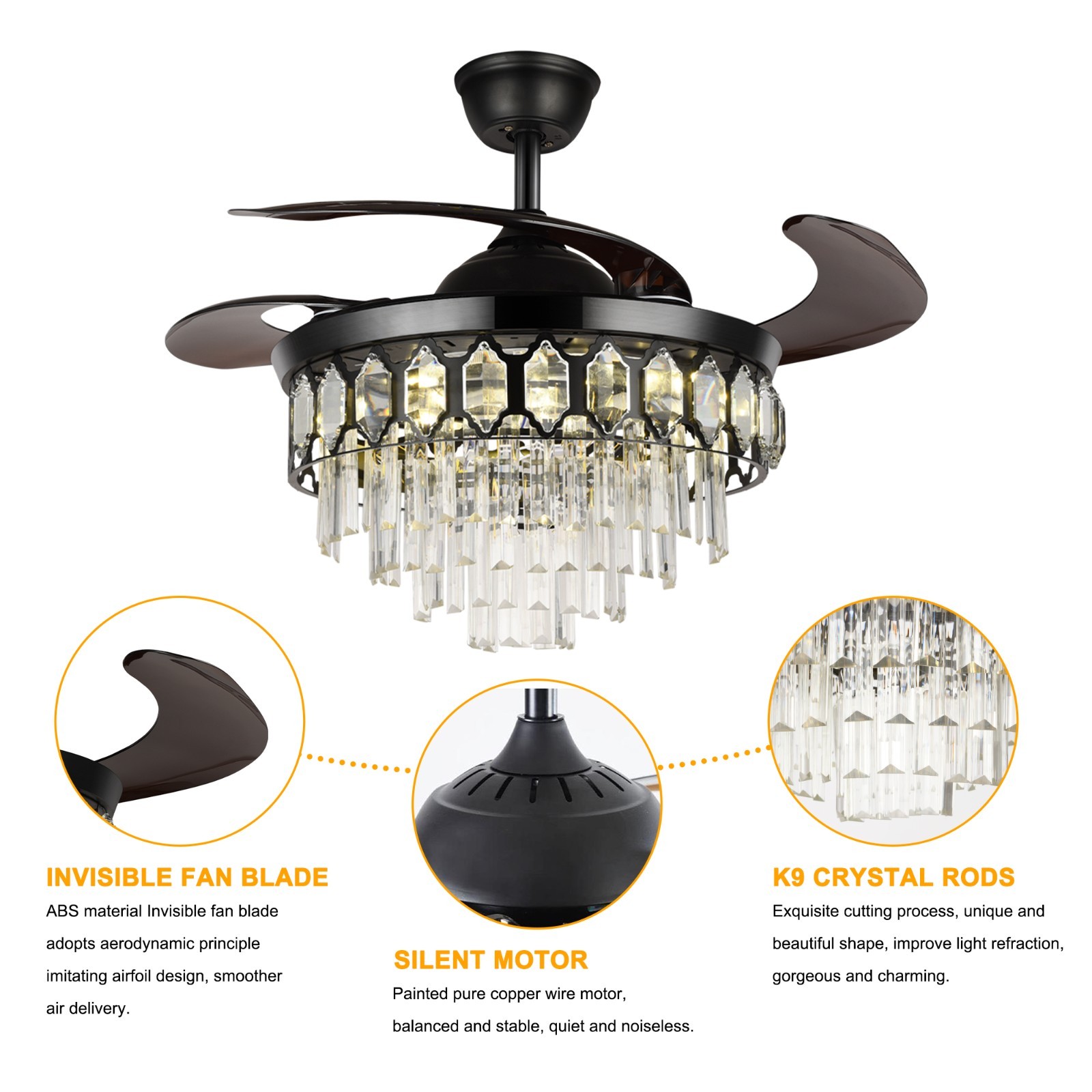 Luxury 42" Retractable Crystal Ceiling Fan Light w/ Remote, 6-Speed