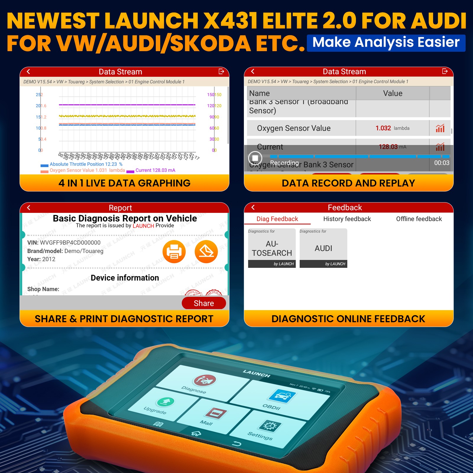 LAUNCH Creader Elite 2.0 for VW Audi Car OBD2 Scanner Diagnostic Key Programming