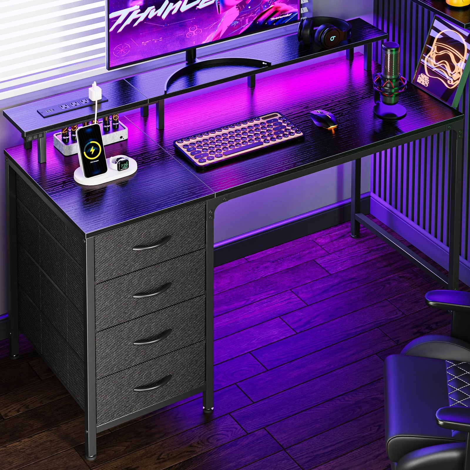 Huuger 47 Inch Computer Desk with Power Outlets and LED Lights, Gaming Desk w...
