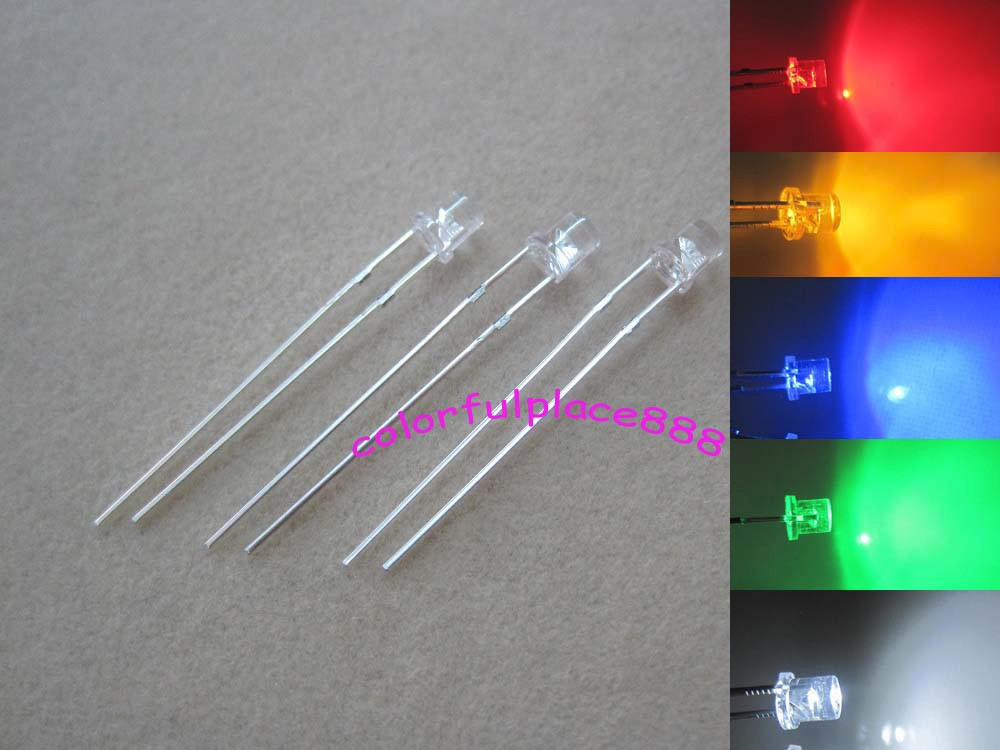100pcs, 3mm Red Yellow Blue Green White Flat Top LED Wide Angle Leds Diode Lamp