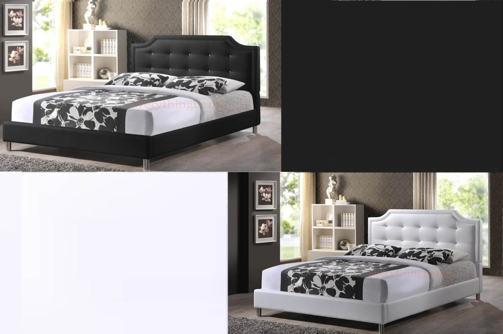 Modern Double Full Platform Bed Crystal Tufting Black Or White Faux Leather