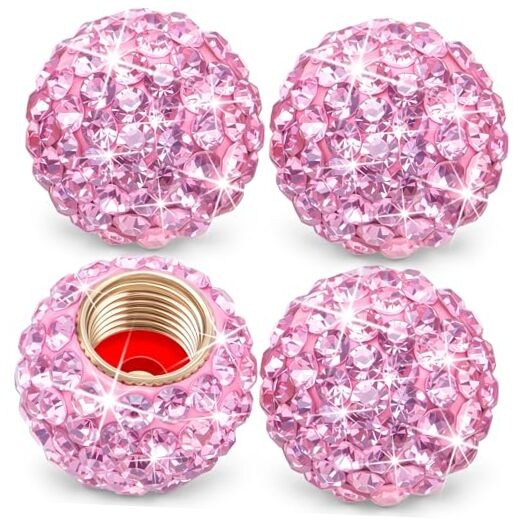 4PCS Bling Crystal Diamond Tire Stem Valve Caps, Crystal Shinny 4 pcs Pink
