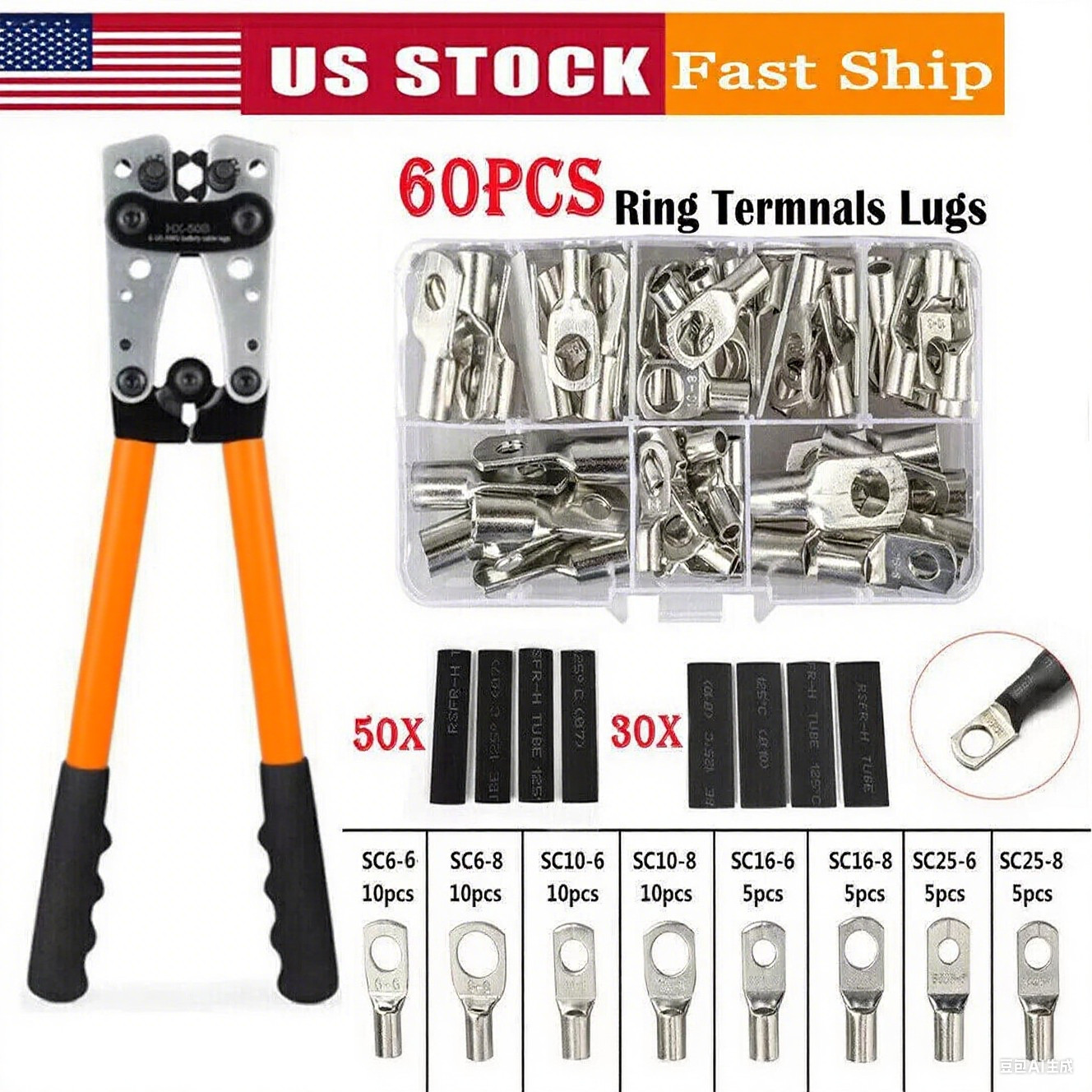 140Pcs Battery Cable Lugs Eyelets Copper Ring Terminals Crimp Wire Connectors US