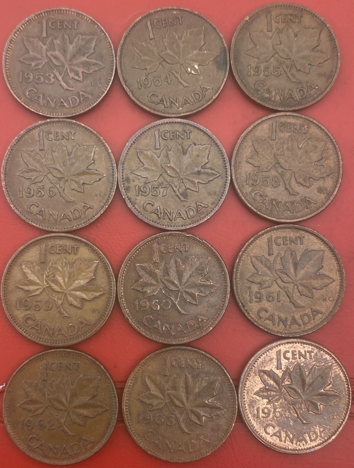 Canada 🇨🇦 Small 1 Cent Date Run 12x 1953-1964 Coins Elizabeth II Laureate