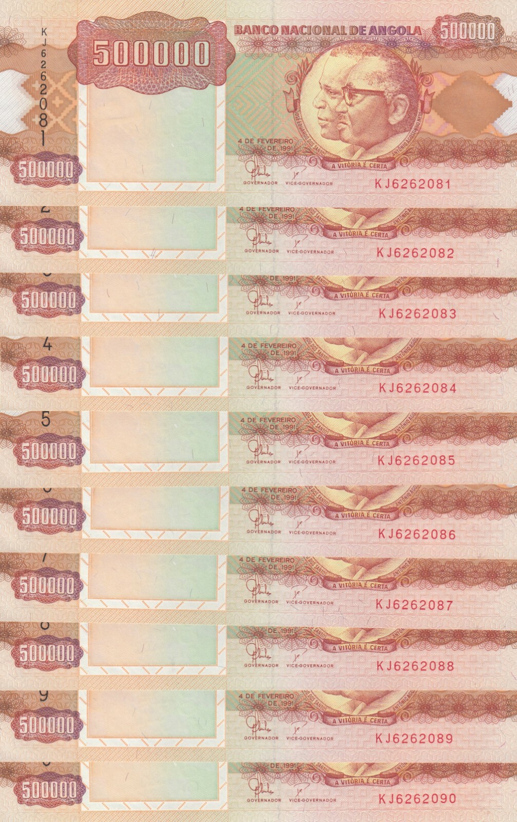 Angola, 500,000 Kwanzas, Lot of 10 Consecutive Serial, KM:134, UNC