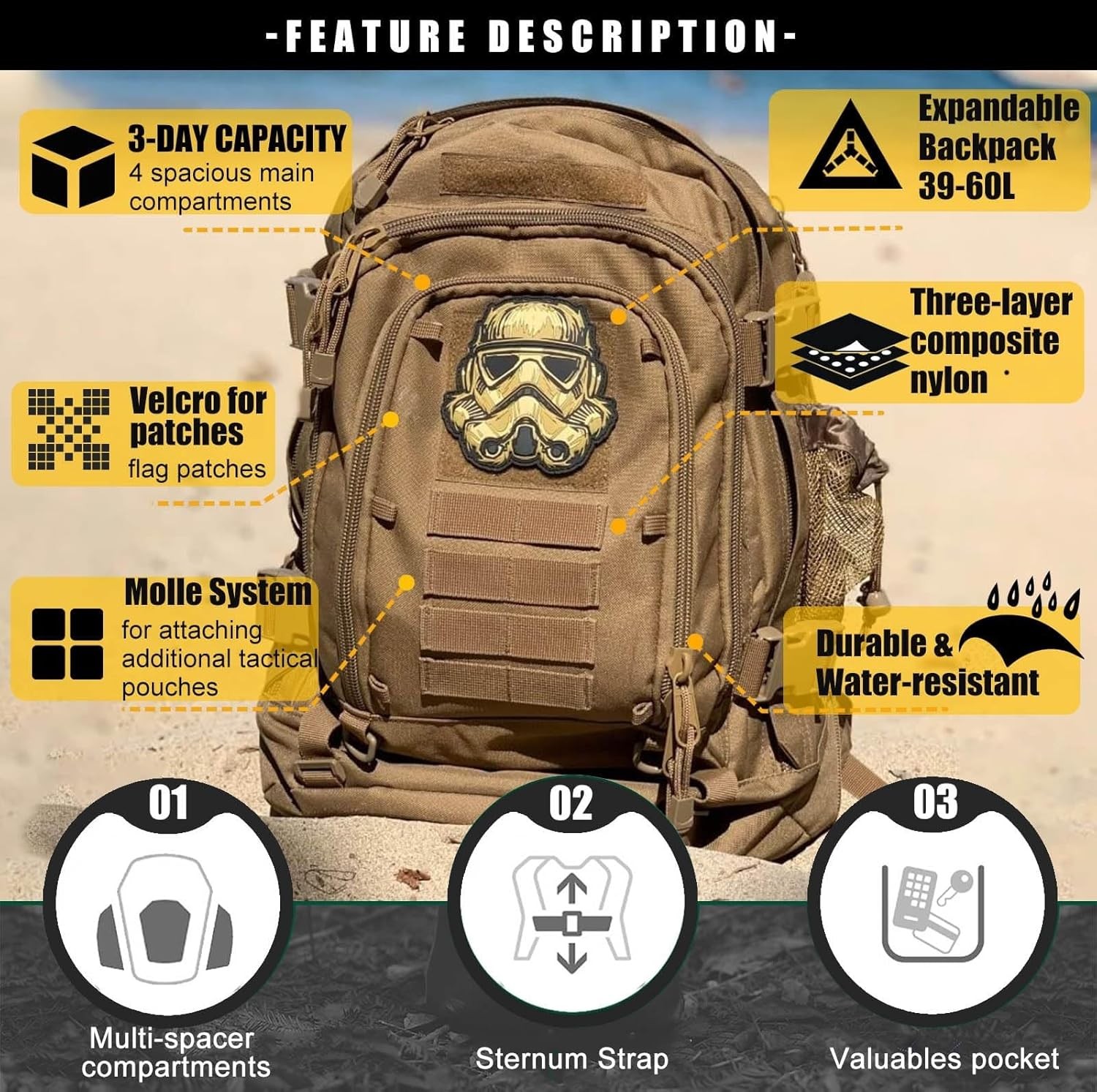 Tactical Backpack Military Army Daypack - Assault Pack for Men Molle Backpacks B