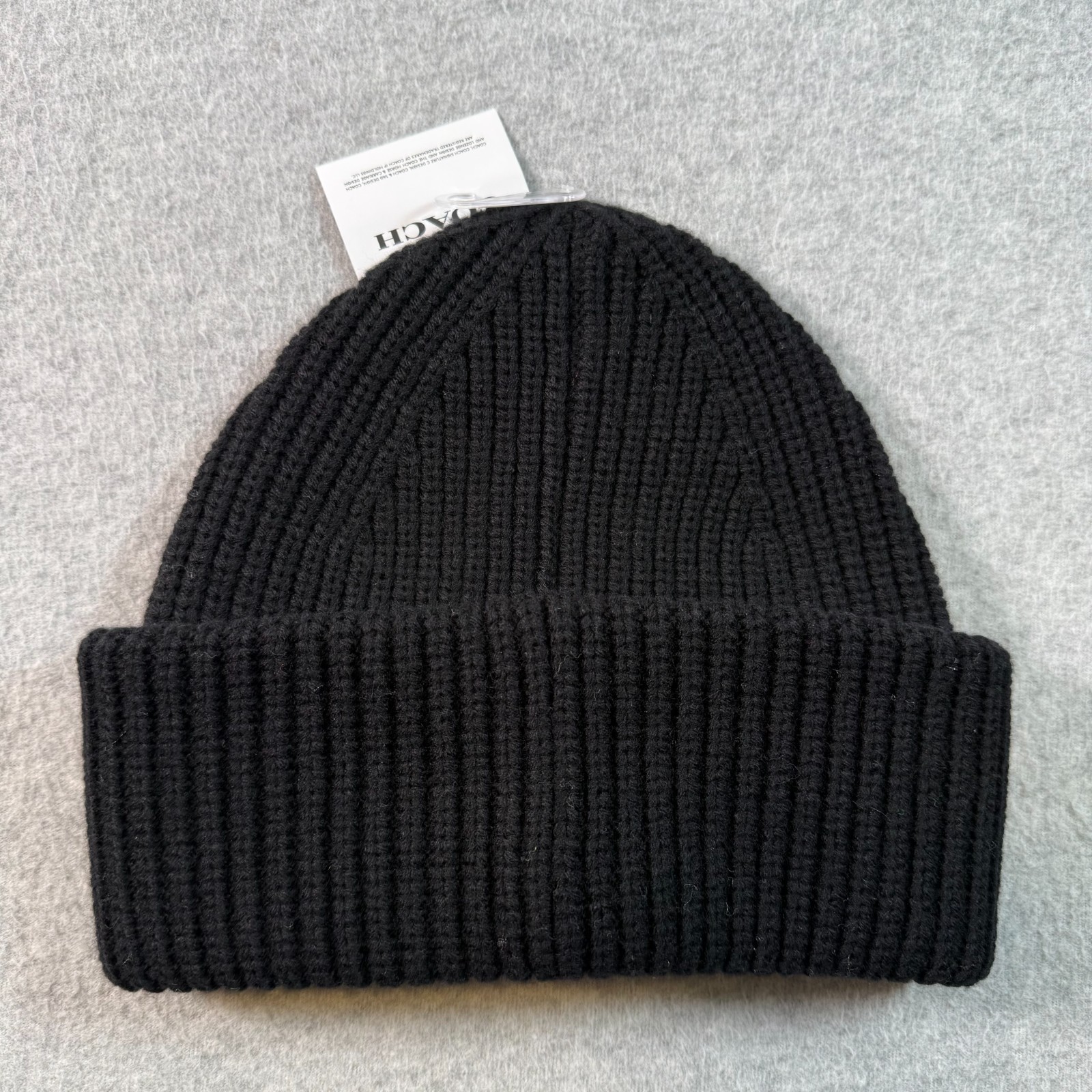 Coach Black Wool Knit Beanie Hat Womens Logo Patch Classic Solid One Size NWT
