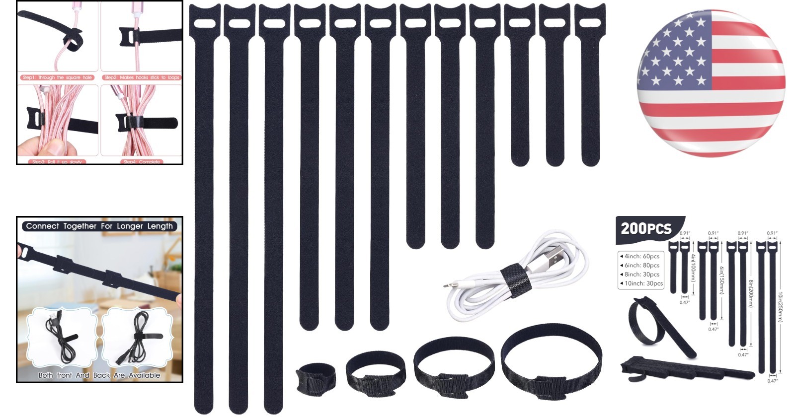 Versatile 200PCS Reusable Cable Ties: 4-10 Inch Adjustable Organization Solution