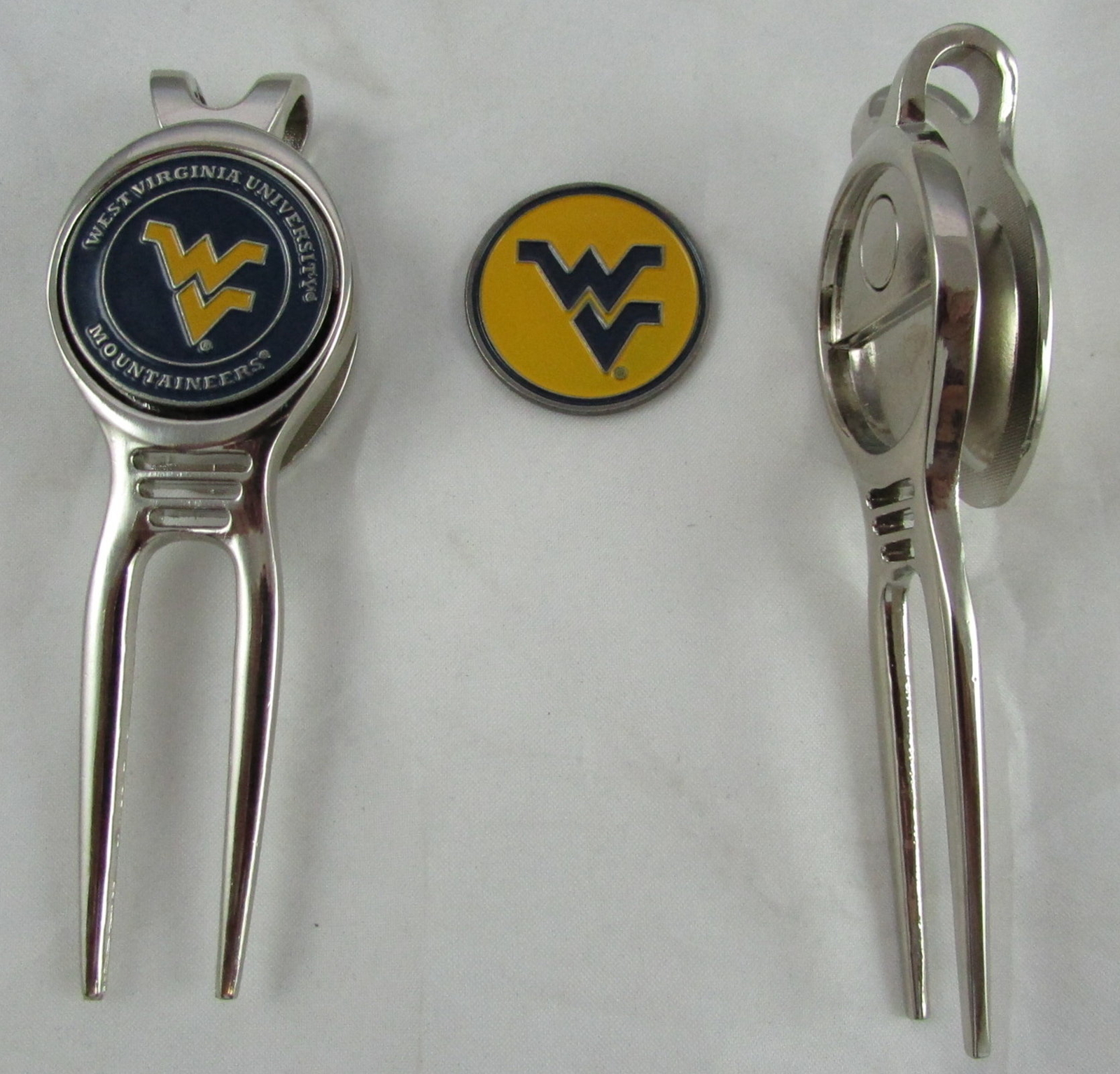 NCAA Golf Divot Repair Tool Beltclip w Ballmark Silver West Virginia Mountaineer
