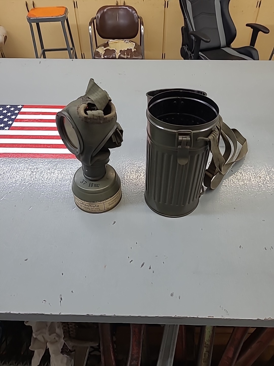 WWII German AUER Gas Mask with canister- 1937 Still has Label  Volksgasmaske