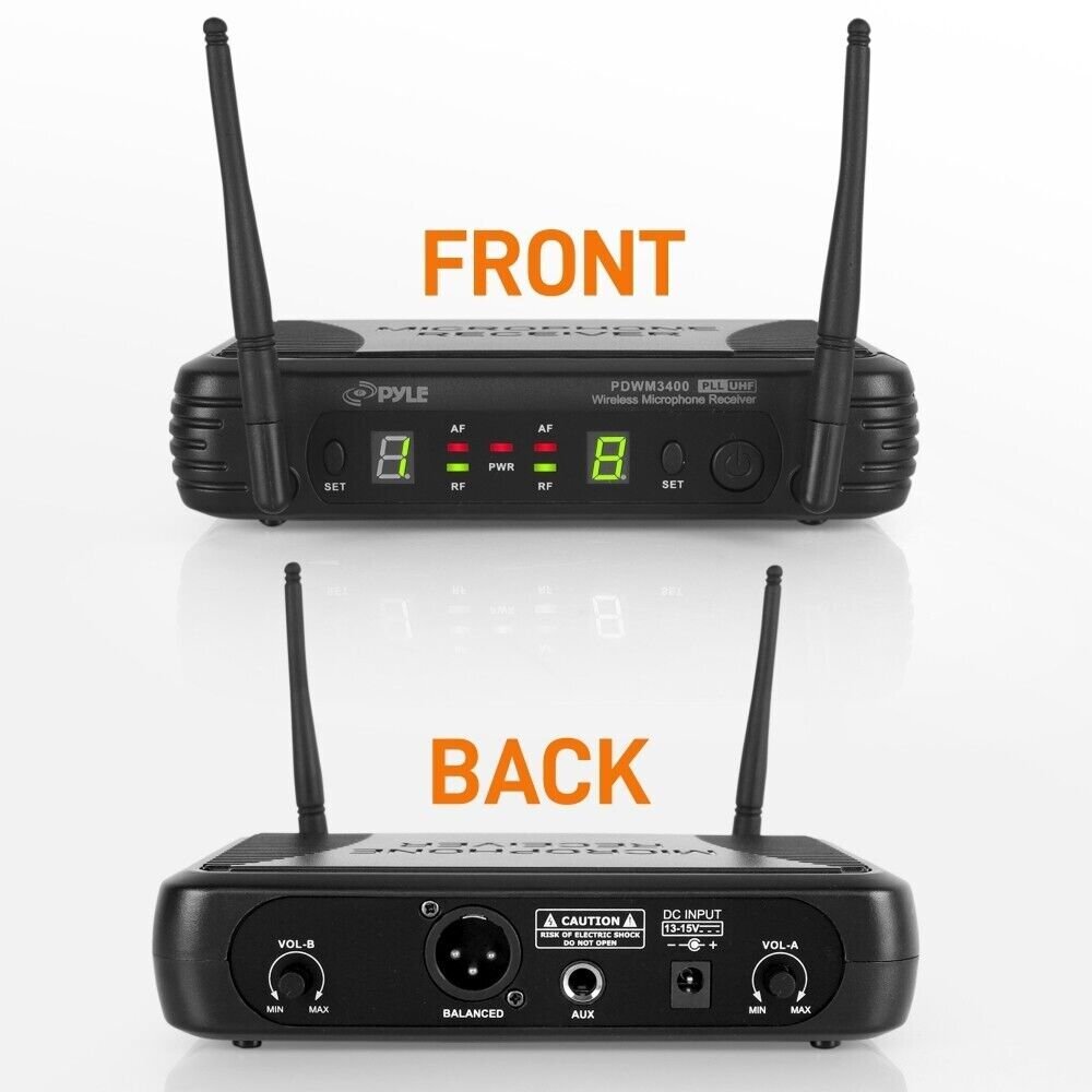 Pyle UHF Wireless Microphone System 2 Lavalier 2 Headset Microphones - Black