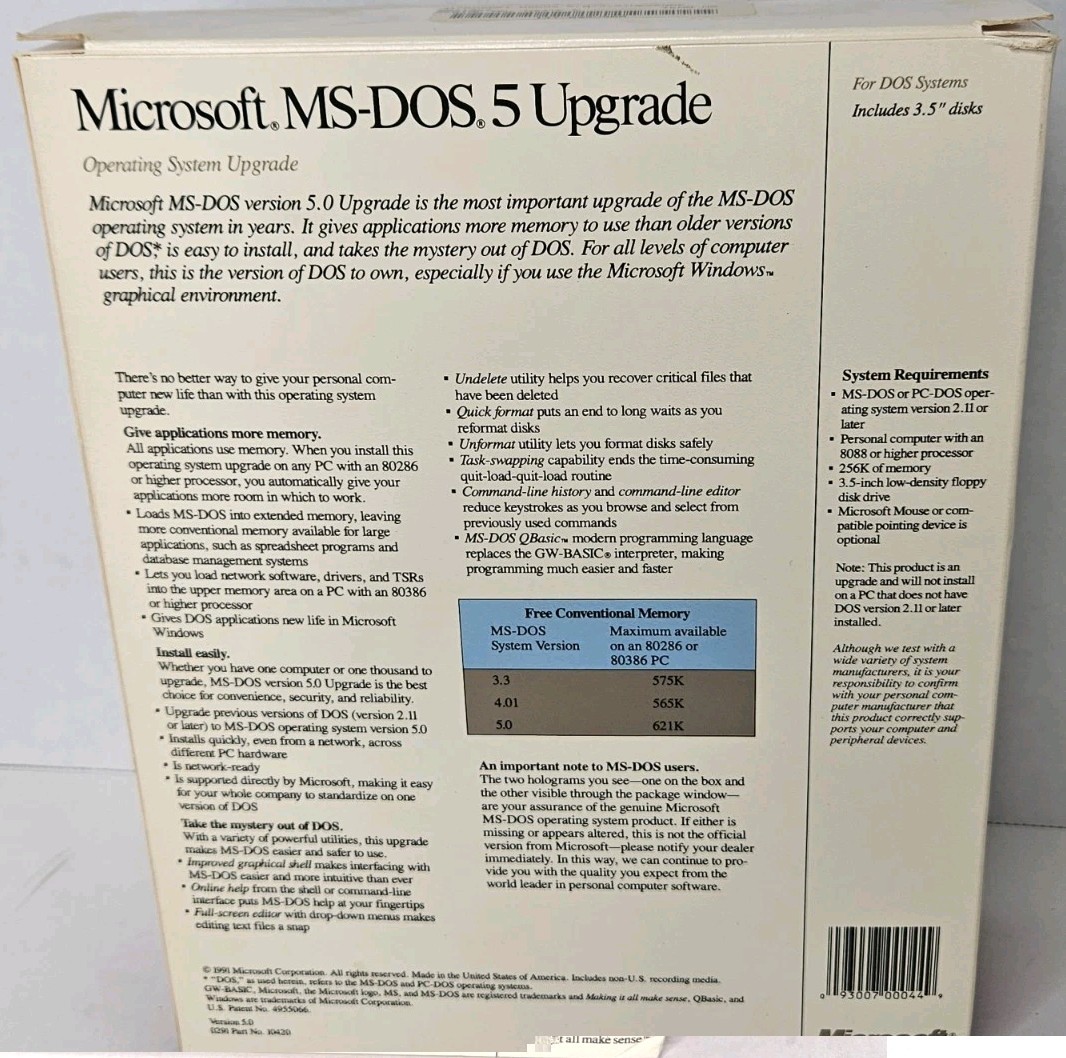 Microsoft MS-DOS 5.0 Upgrade 3.5" Software Operating System Disks NEW Open Box