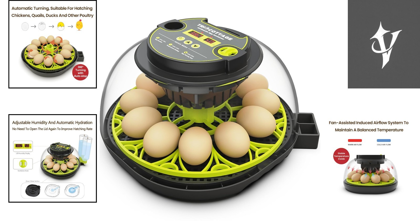 Efficient 12 Egg Incubator with Automatic Turning and Humidity Control Functions