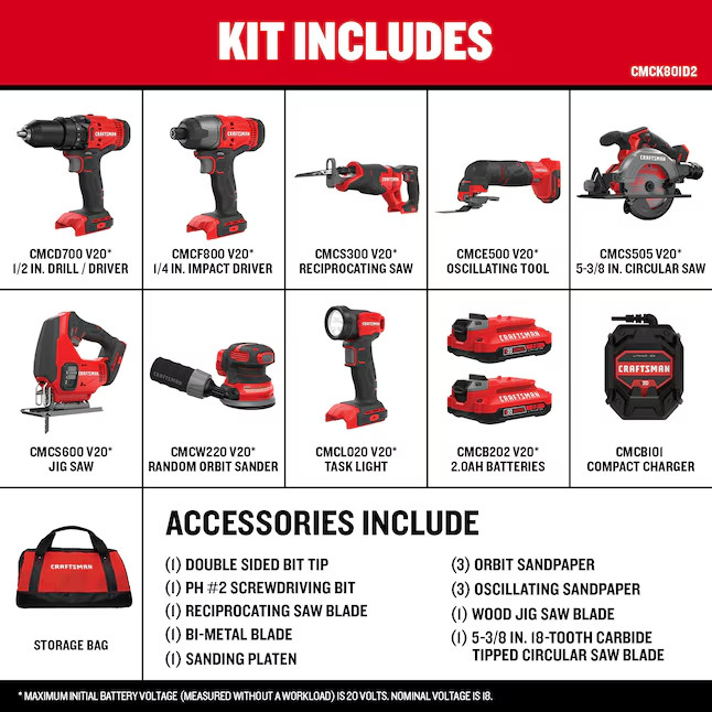 CRAFTSMAN 20V MAX 8-Tool Power Tool Combo Kit with Soft Case (Battery + Charger)